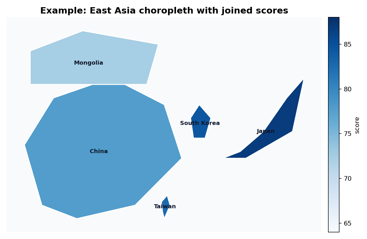 東アジアの5地域を塗り分けたコロプレス地図の例