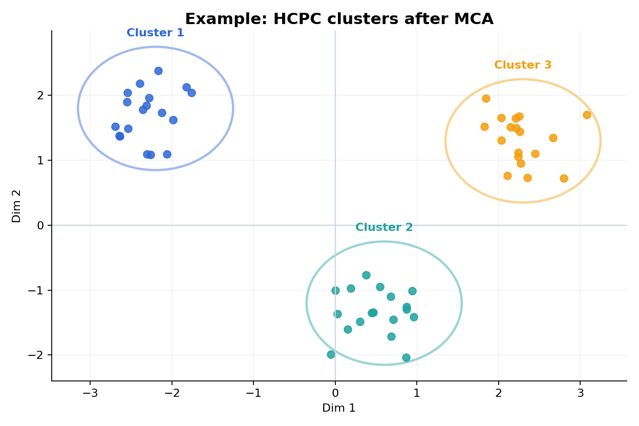 MCA の2次元上に 3 クラスタを色分けした散布図の例